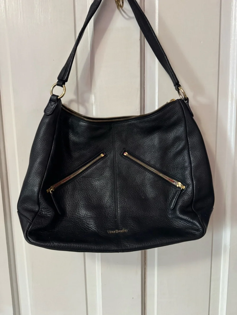 Vera Bradley Black Pebbled Leather Shoulder Bag with Gold Hardware